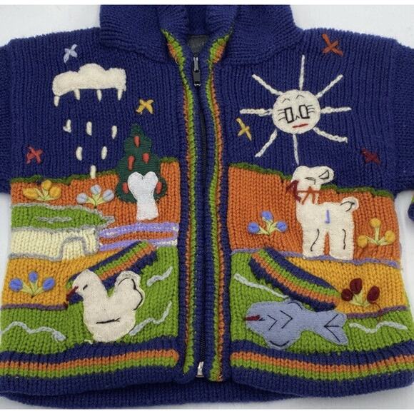 Martin Cone Children's Hooded Cardigan 100% Wool hand made Ecuador animals lambs - Picture 6 of 12